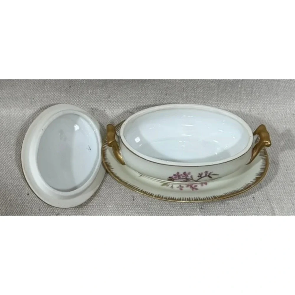 Vintage Floral Porcelain Lidded Tureen and Underplate Set Gold Gilt 6623